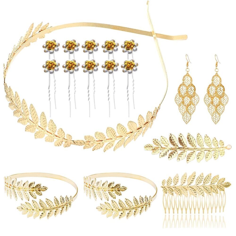 Greek Goddess Costume Accessories 17 Pieces Leaf Headband Earrings Bracelets